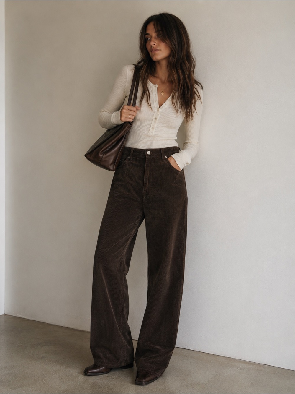 Cleo + Wolf Chocolate High Rise Loose Corduroy Pants Relaxed Baggy Western